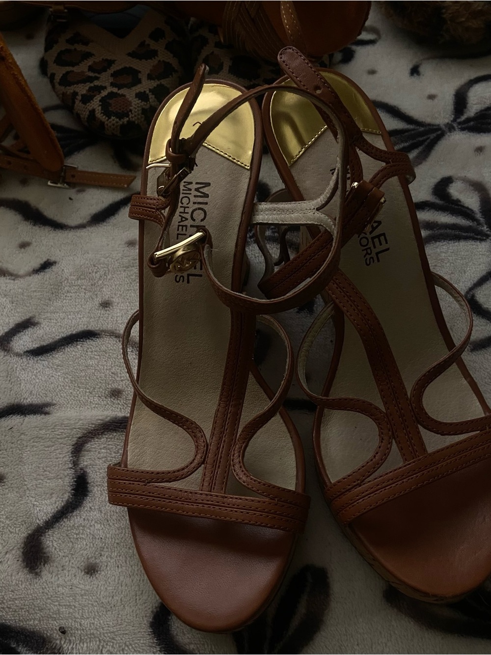 MICHAEL Michael Kors Brown Leather Strappy Heels with Gold Accents